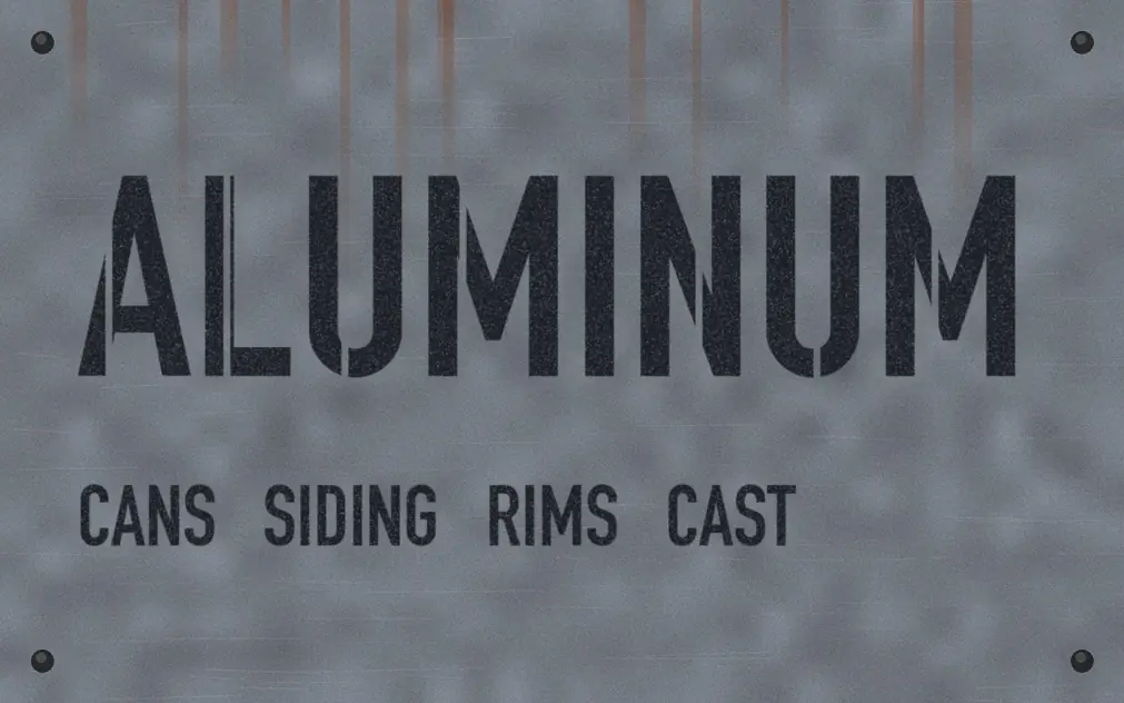 Stencilled aluminum bin plate listing cans, siding, rims and cast