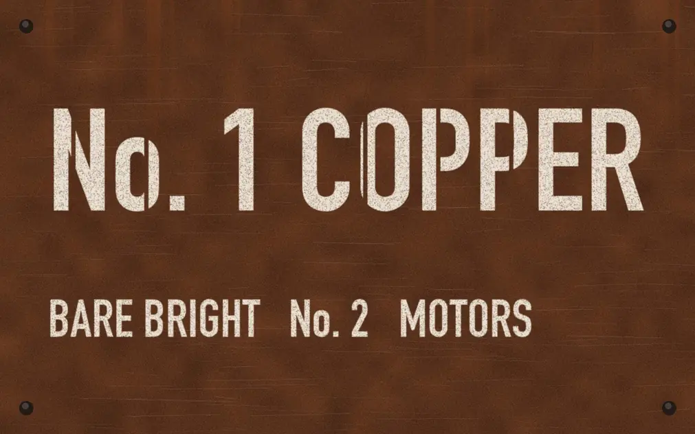 Stencilled copper bin plate reading No. 1 copper, bare bright, No. 2 and motors